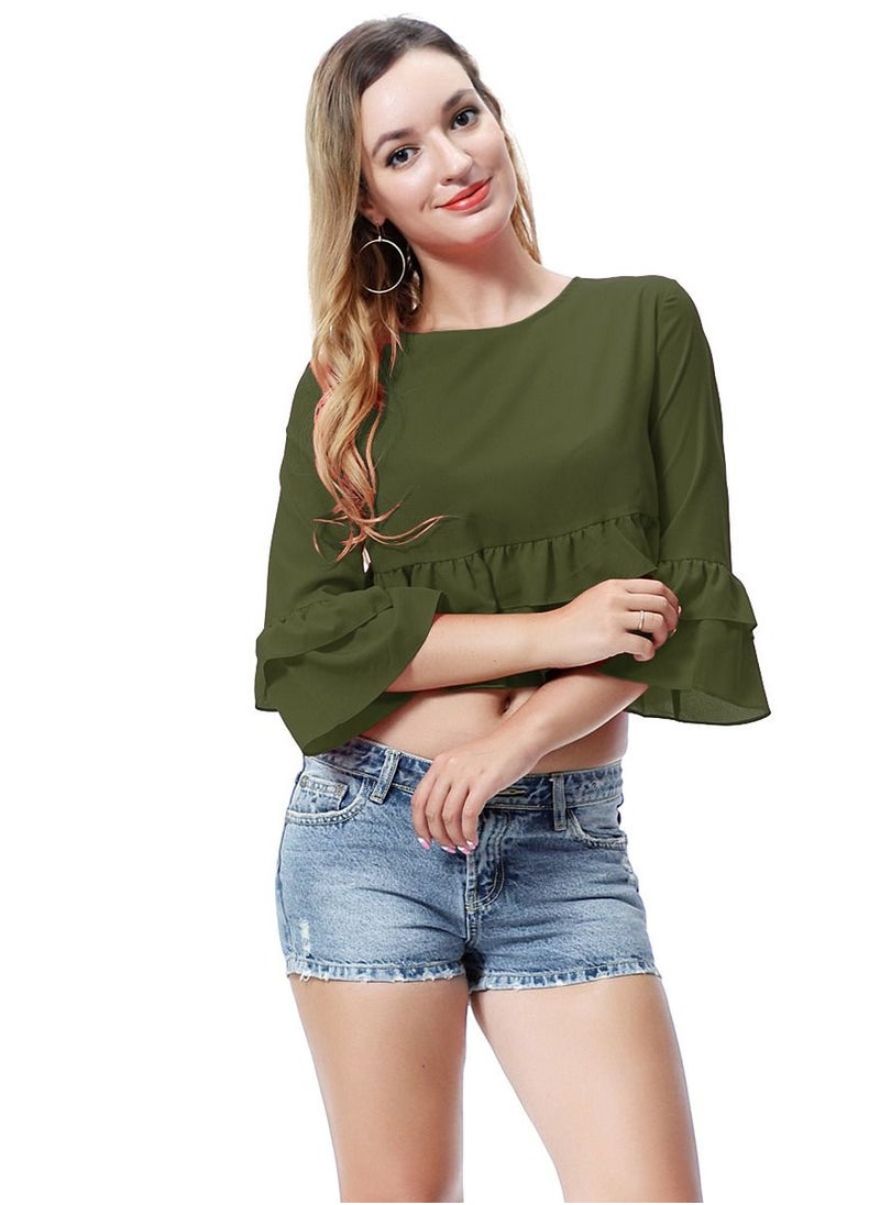 إسكدنيا - Women's Solid Color Round Neck Top Loose Ruffled Blouse Army Green - Image 1