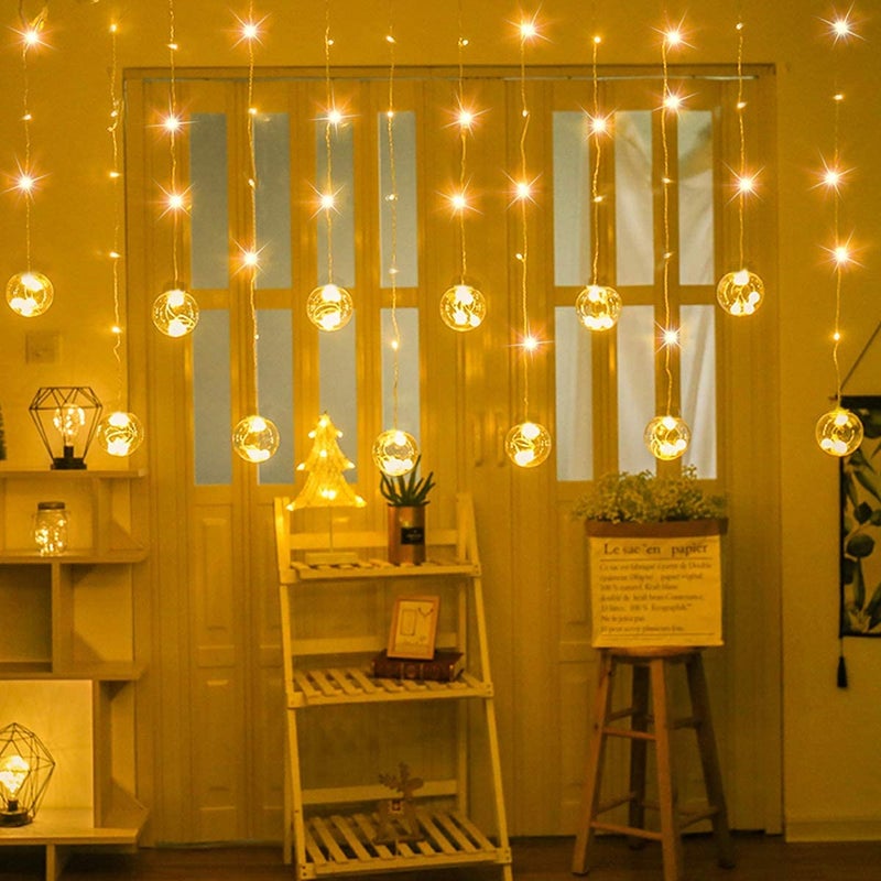 VELOCIOUS VELOCIOUS 12 Ball Sparkling 138 LED Curtain String Lights 8 Modes Fairy Globe Curtain Lights for Diwali Christmas Wedding Outdoor Indoor Wall Decor Warm White Wish Ball Light  - Image 1