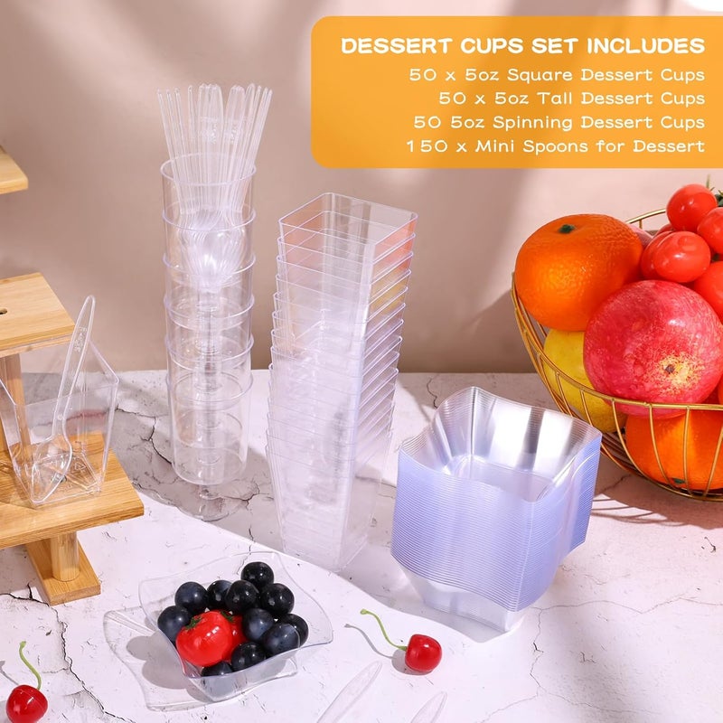 tchrules 300 Packs 5oz Dessert Cups with Spoons 3 Styles Mini Plastic Appetizer Cups Clear Parfait Cup for Party Cake Cups for Tiramisu Pudding Snacks Yogurt Fruits - Image 4