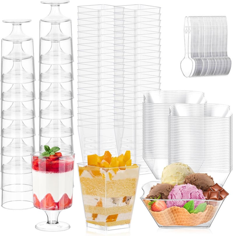 tchrules 300 Packs 5oz Dessert Cups with Spoons 3 Styles Mini Plastic Appetizer Cups Clear Parfait Cup for Party Cake Cups for Tiramisu Pudding Snacks Yogurt Fruits - Image 1