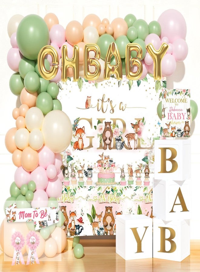 Hombae Woodland Baby Shower Decorations For Girl, It’s A Girl Backdrop Balloons Tablecloth Cake Topper Boxes Poster Sash Pin For Forest Animal Gender Reveal Birthday Supplies - Image 1