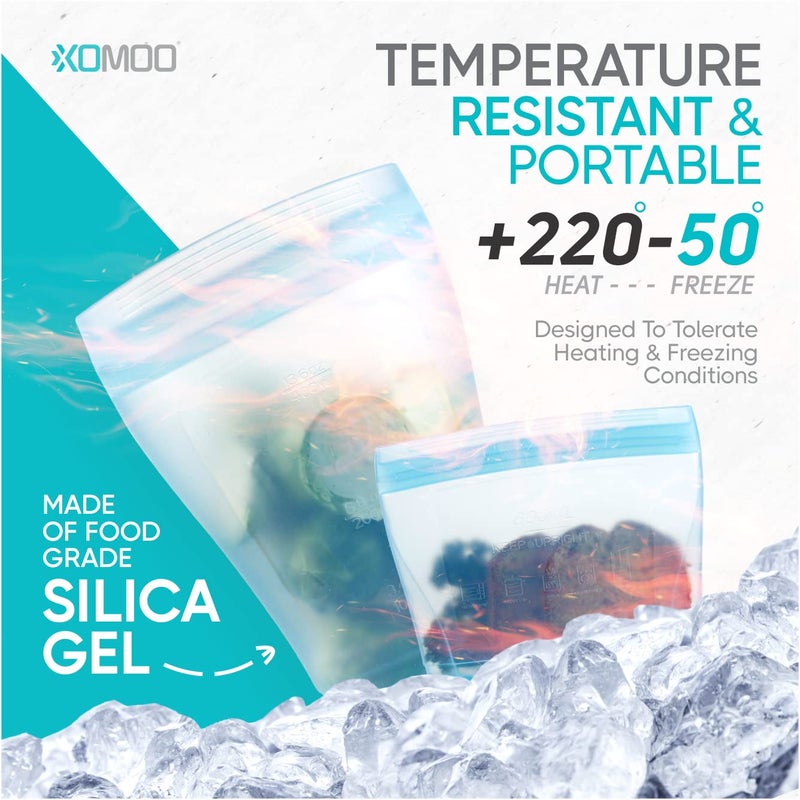 Xomoo Reusable food container silicone bag, Full Set 6, 2 Cups, 2 Dishes, 2 Bags Zip Containers Storage, 100% Silicone Reusable Food Bag, Stand Up Preservation Bag, Rounded interior for easy cleaning. - Image 2
