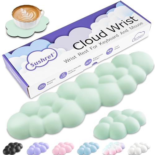 Sushret Cloud Wrist Rest Keyboard, Cloud Keyboard Wrist Pad Set with PU Leather Memory Foam, Cute Arm Rest for Palm Support, PC/Gaming Desk Accessories/Office Setup/Computer Hand Cushion - Light Green - Image 1