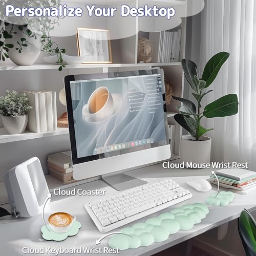 Sushret Cloud Wrist Rest Keyboard, Cloud Keyboard Wrist Pad Set with PU Leather Memory Foam, Cute Arm Rest for Palm Support, PC/Gaming Desk Accessories/Office Setup/Computer Hand Cushion - Light Green - Image 2