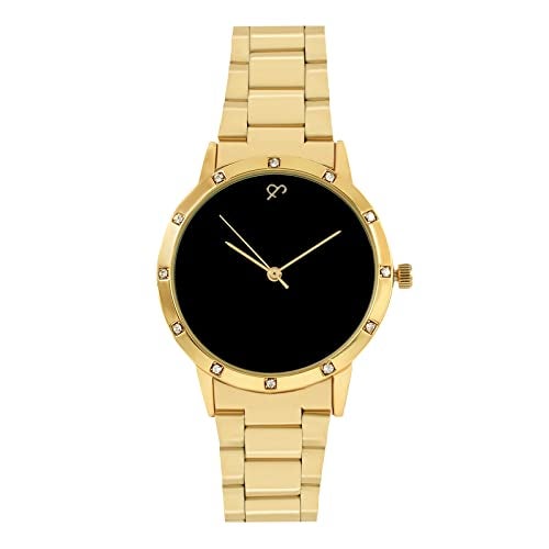 Joker & Witch Stainless Steel Women Vantine Gold Analog Watch Bracelet Stack, Black Dial, Gold Band - Image 3