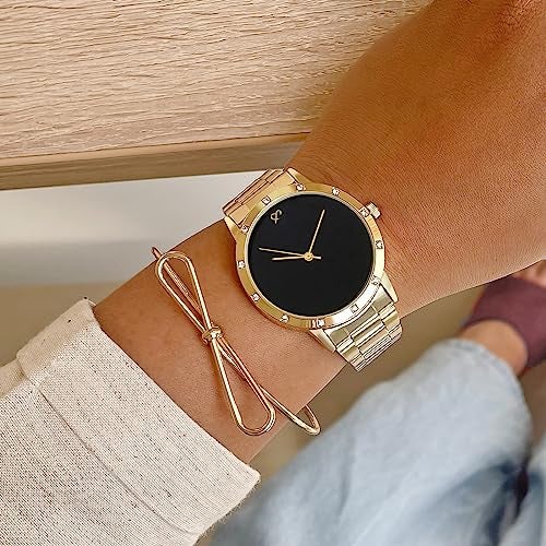 Joker & Witch Stainless Steel Women Vantine Gold Analog Watch Bracelet Stack, Black Dial, Gold Band - Image 2