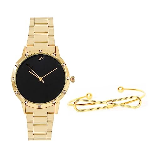 Joker & Witch Stainless Steel Women Vantine Gold Analog Watch Bracelet Stack, Black Dial, Gold Band - Image 1
