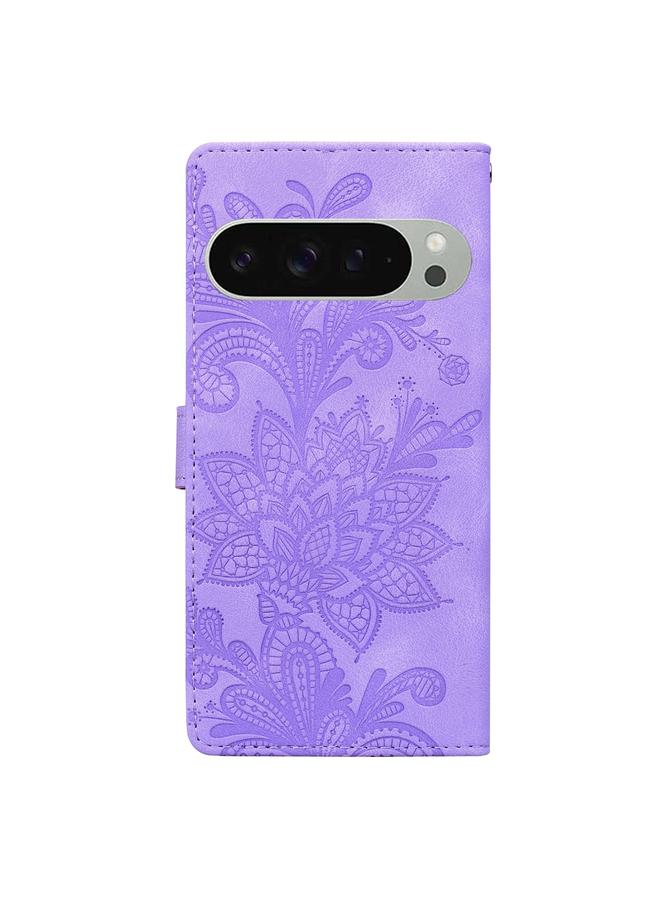 S-TOP Case For Google Pixel 9 / 9 Pro Lace Floral Embossed Magnetic Buckle PU Phone Case With Wrist Strap - Image 3