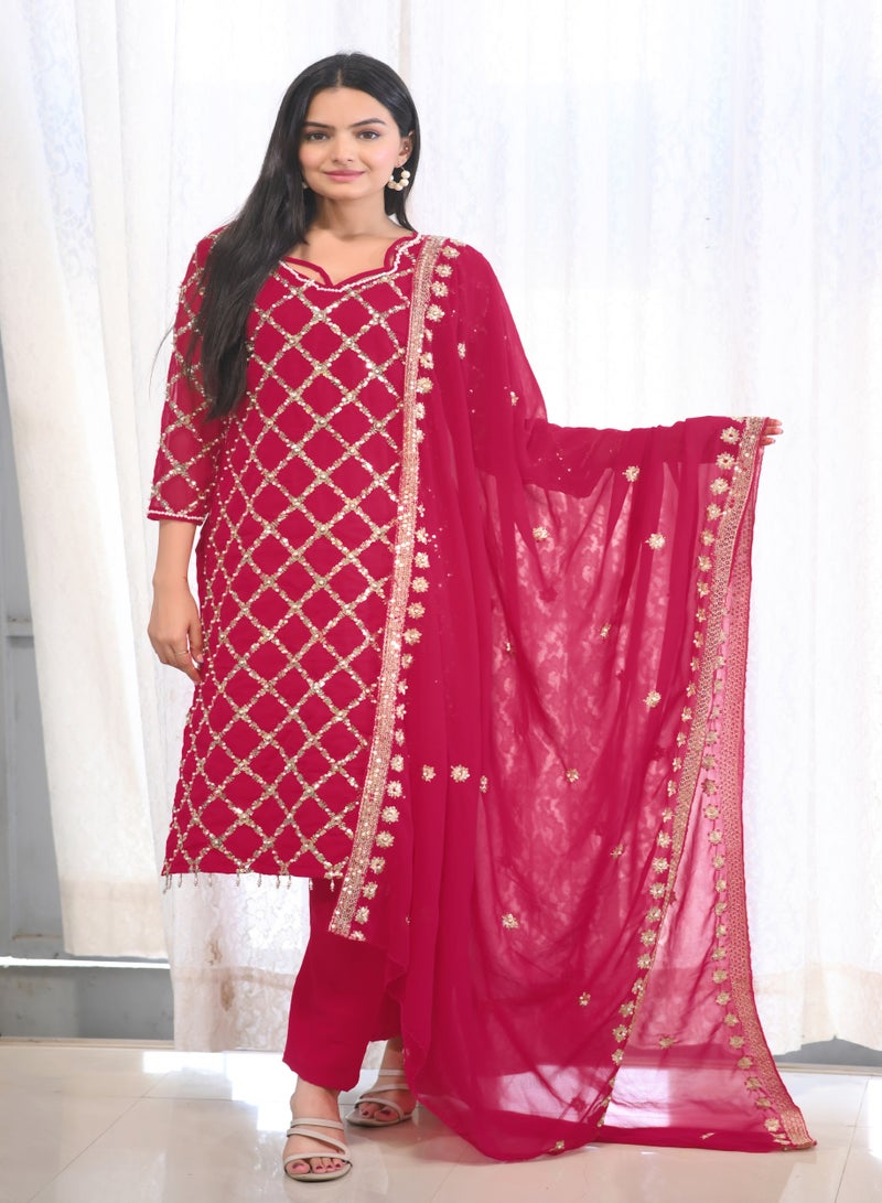 Super Asian Fox Georgette Sequence Embroidered Top with Rivet Moti Work, Paired with Micro Fabric Pants & Dupatta – Complete Stylish Set  - Image 1