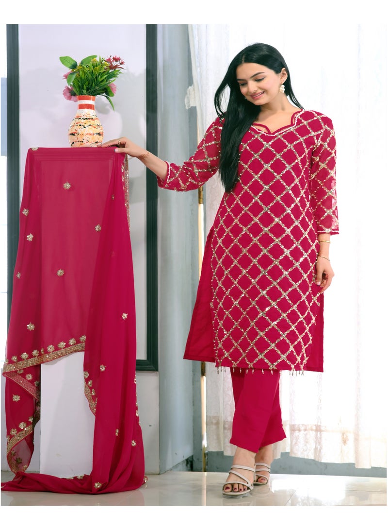 Super Asian Fox Georgette Sequence Embroidered Top with Rivet Moti Work, Paired with Micro Fabric Pants & Dupatta – Complete Stylish Set  - Image 2