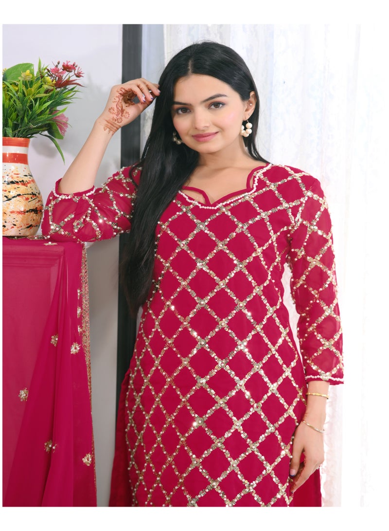 Super Asian Fox Georgette Sequence Embroidered Top with Rivet Moti Work, Paired with Micro Fabric Pants & Dupatta – Complete Stylish Set  - Image 3