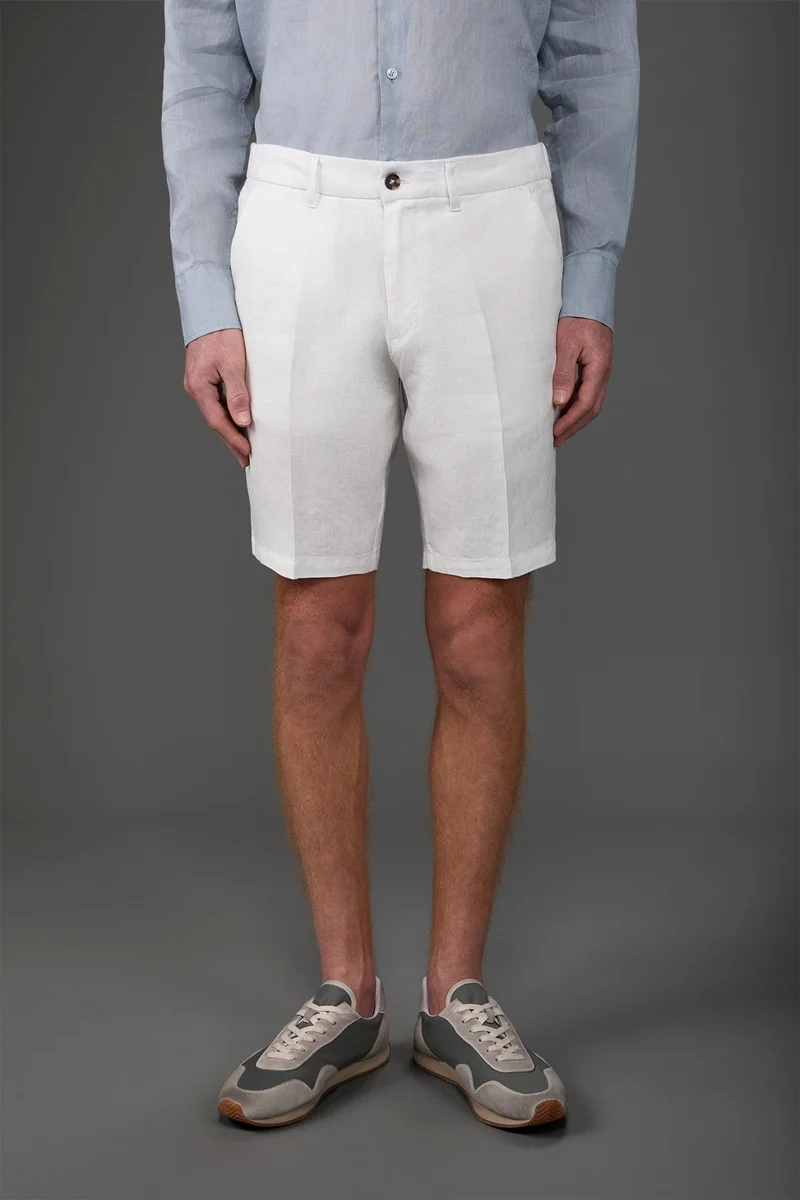 Men's Bermuda shorts with elastic waistband 100% linen - White