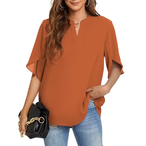 Funlingo Womens Tops Short Sleeve Work Tunic Chiffon Shirts V Neck Dressy Casual Summer Blouses Business Fall Outfits Brown XL - Image 1