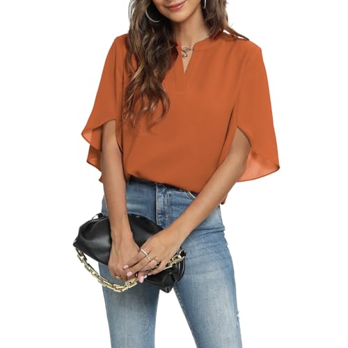 Funlingo Womens Tops Short Sleeve Work Tunic Chiffon Shirts V Neck Dressy Casual Summer Blouses Business Fall Outfits Brown XL - Image 3