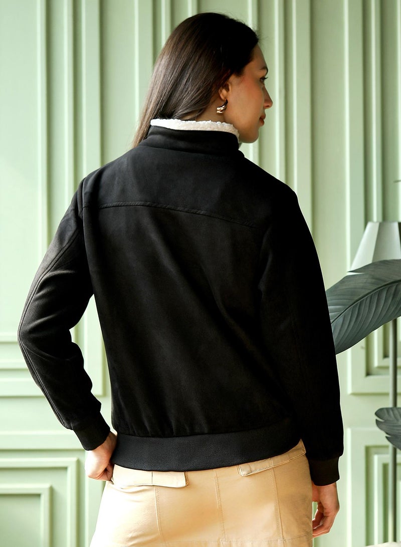 Campus Sutra Women's Obsidian Black Contrast Sherpa-Lined Suede Bomber Jacket - Image 5
