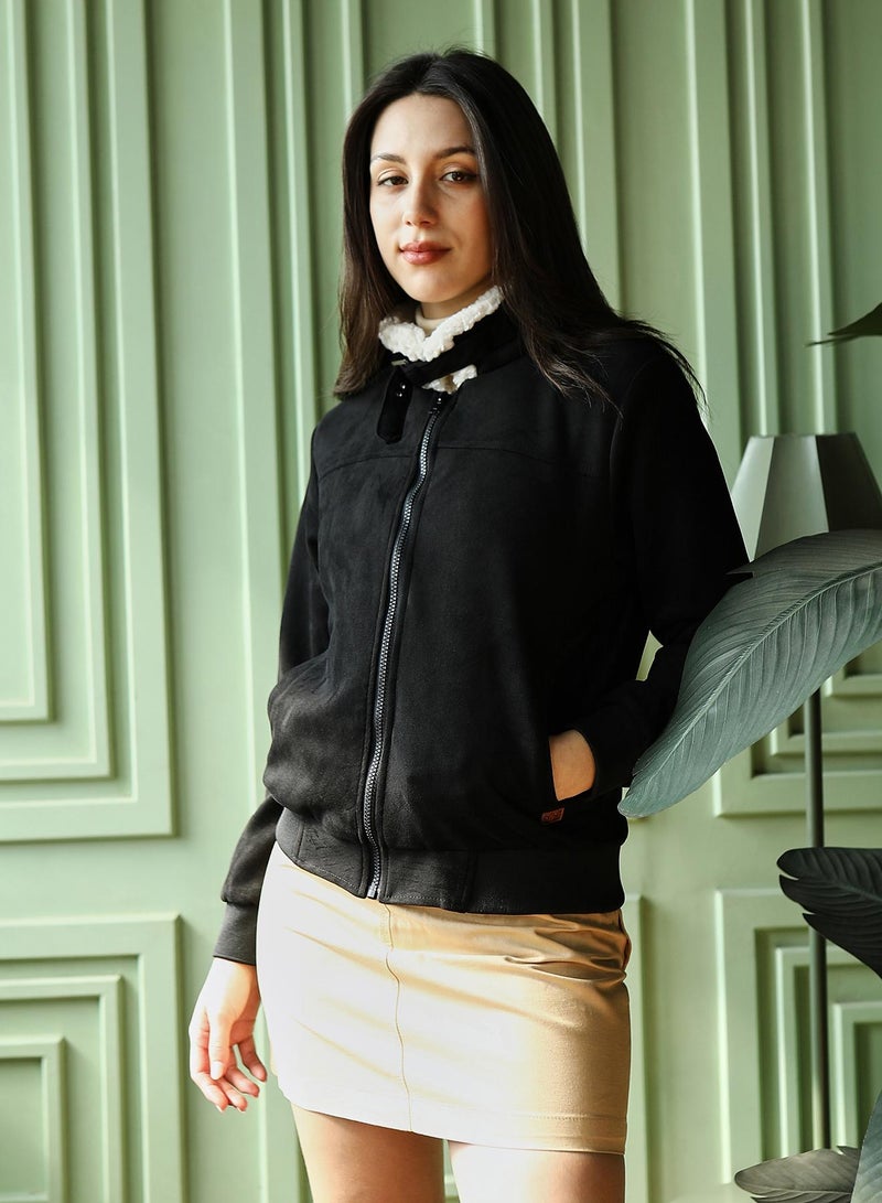 Campus Sutra Women's Obsidian Black Contrast Sherpa-Lined Suede Bomber Jacket - Image 3