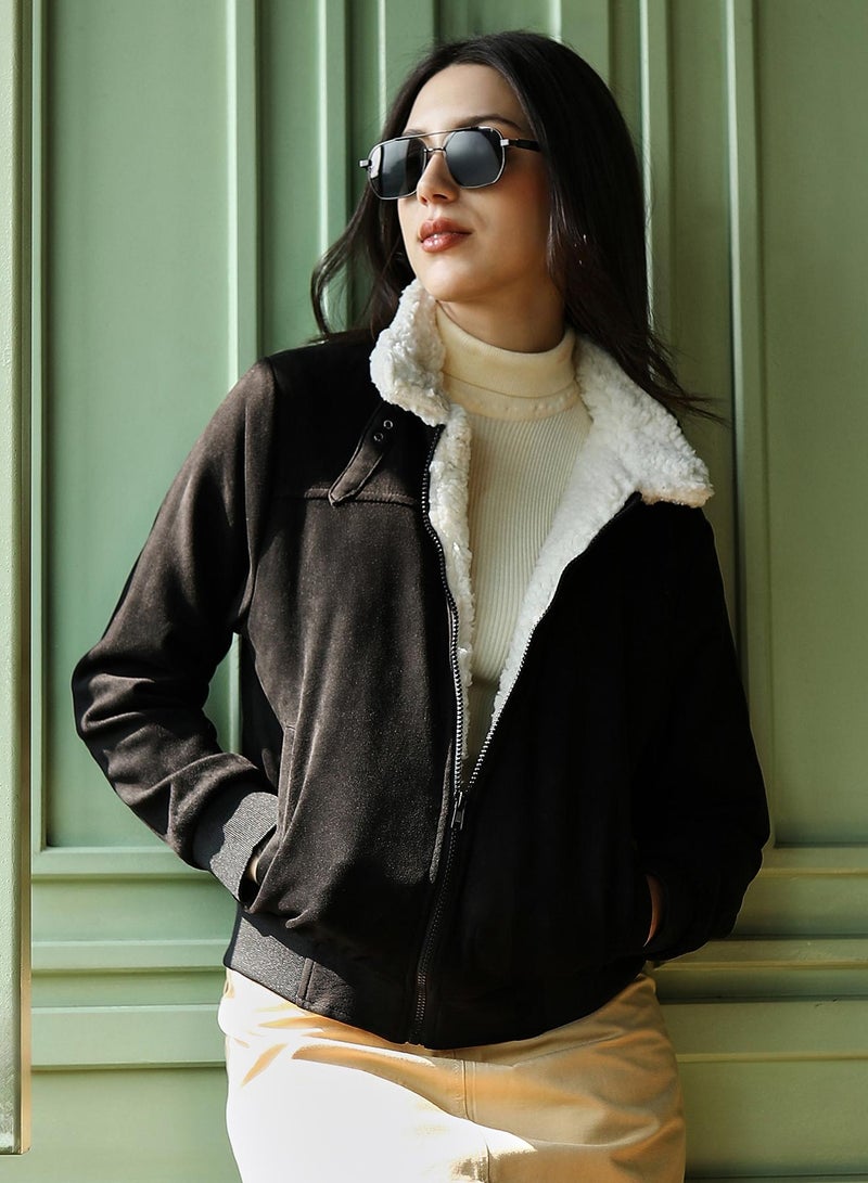Campus Sutra Women's Obsidian Black Contrast Sherpa-Lined Suede Bomber Jacket - Image 1