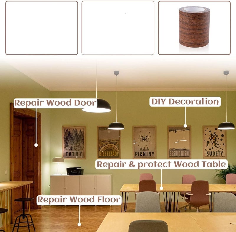 Aputue Wood Grain Repair Tape, 2 Roll Waterproof Self Adhesive Dark Brown Wood Tape, Multi-use Woods Grain Repair Patch for Furniture Floors Tables Kitchen Cabinets, DIY Crafting Home Decoration - Image 3