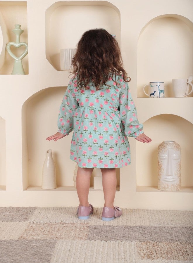 POLKA TOTS Full Sleeves Floral Print Frock with Headband - Aqua -4-5 Y - Image 2