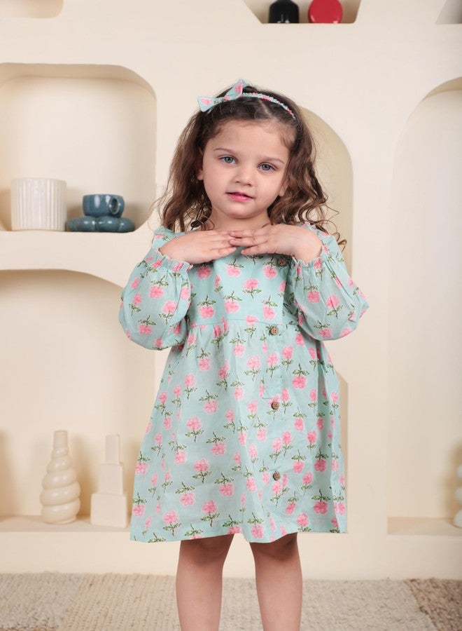 POLKA TOTS Full Sleeves Floral Print Frock with Headband - Aqua -4-5 Y - Image 4