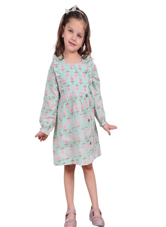 POLKA TOTS Full Sleeves Floral Print Frock with Headband - Aqua -4-5 Y - Image 1