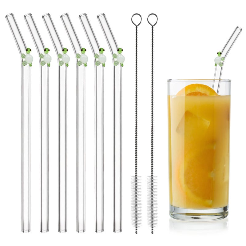 Glass Straws Reusable Drinking Straws Set of 6 with 2 Cleaning Brushes with Little Turtle Shatter Resistant Straws with Design Curved Design for Smoothies Cocktails and Beverages
