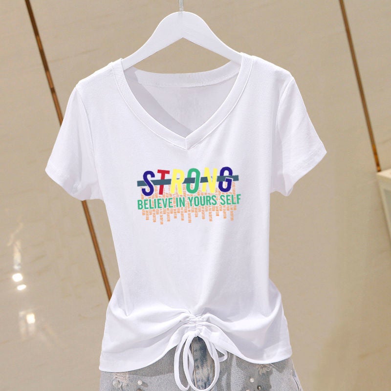 Summer Plus Size Cotton V-Neck Slimming Tee for Women White-STRONG-Green