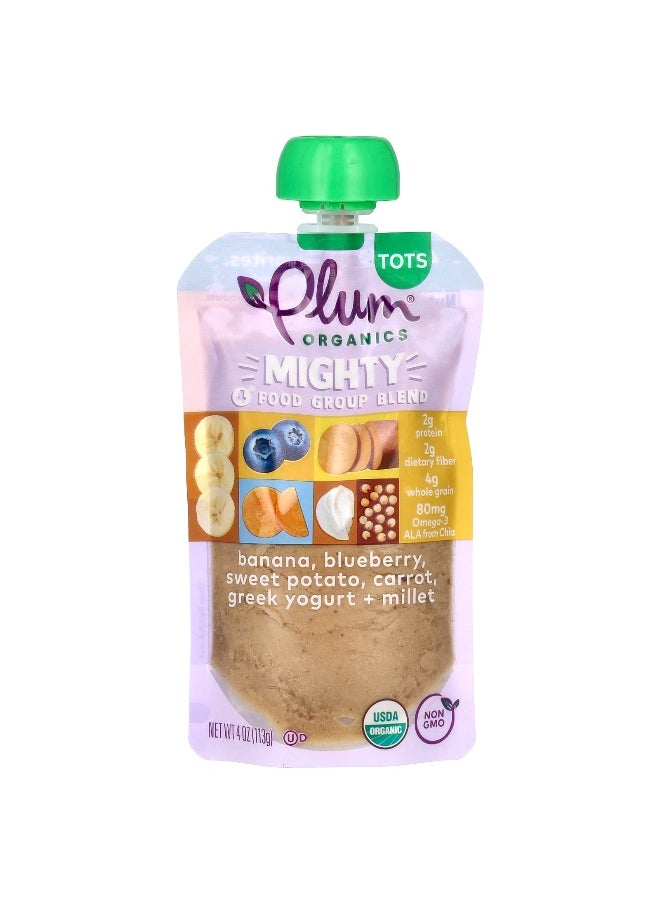 Plum Organics Plum Organics, Mighty Tots, 4 Food Group Blend, Tots, Banana, Blueberry, Sweet Potato, Carrot, Greek Yogurt, Millet, 4 oz (113 g)  - Image 1