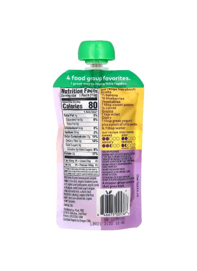 Plum Organics Plum Organics, Mighty Tots, 4 Food Group Blend, Tots, Banana, Blueberry, Sweet Potato, Carrot, Greek Yogurt, Millet, 4 oz (113 g)  - Image 2
