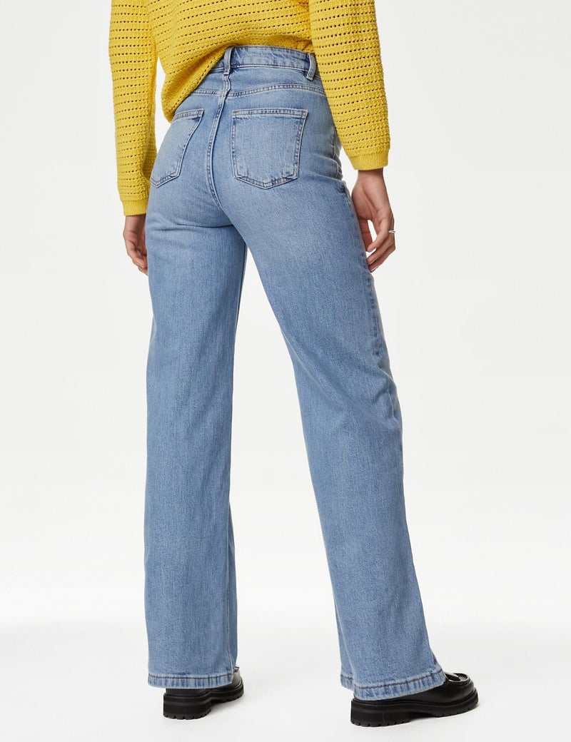 Marks & Spencer Solid Blue Cotton Womens Wide-Leg Jeans - Image 3