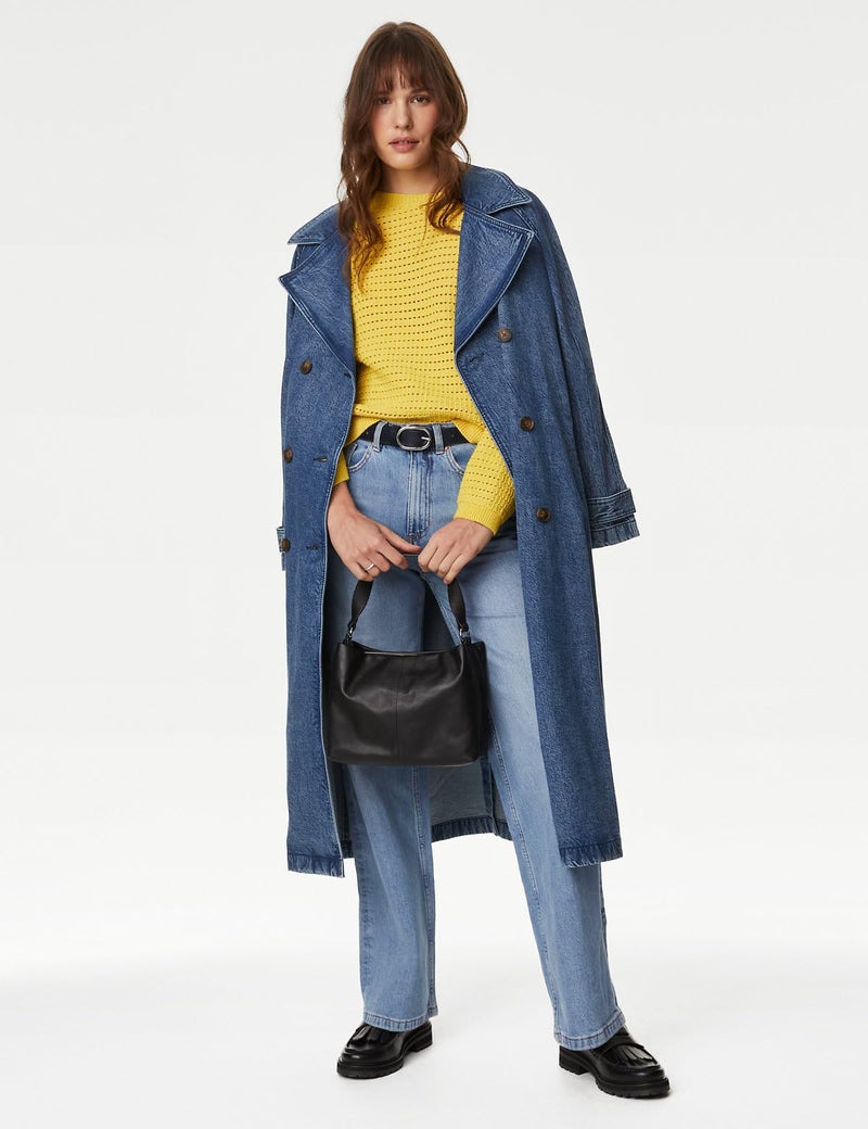 Marks & Spencer Solid Blue Cotton Womens Wide-Leg Jeans - Image 2