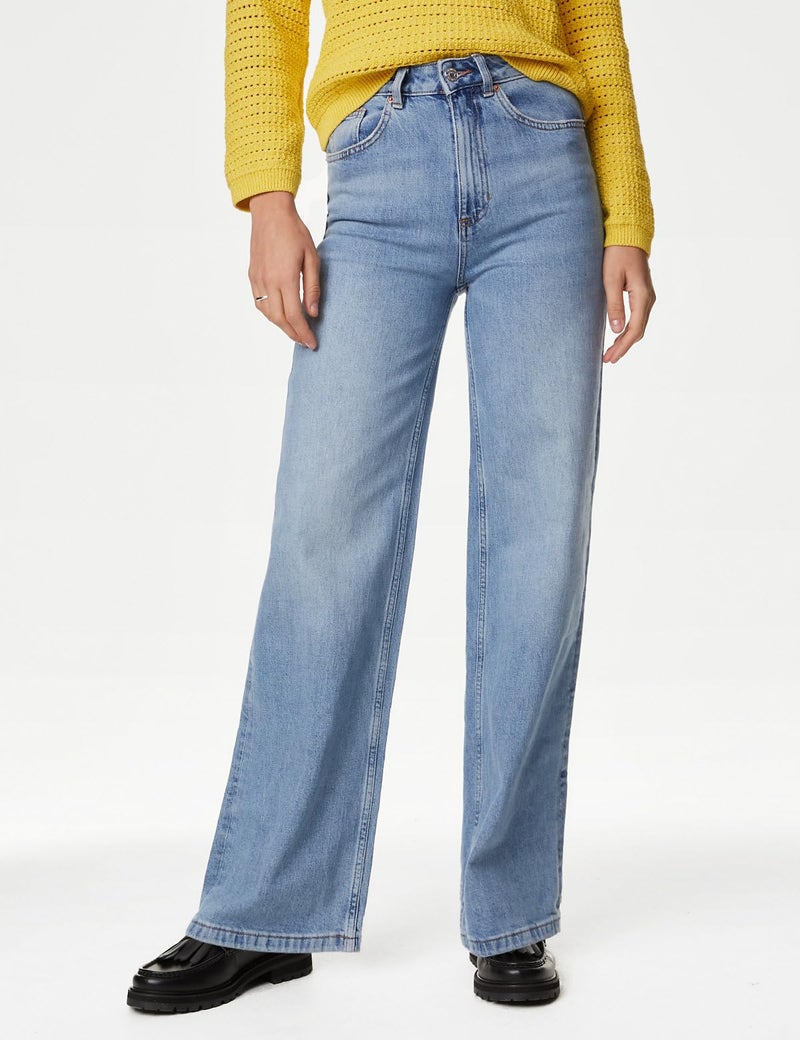 Marks & Spencer Solid Blue Cotton Womens Wide-Leg Jeans - Image 4