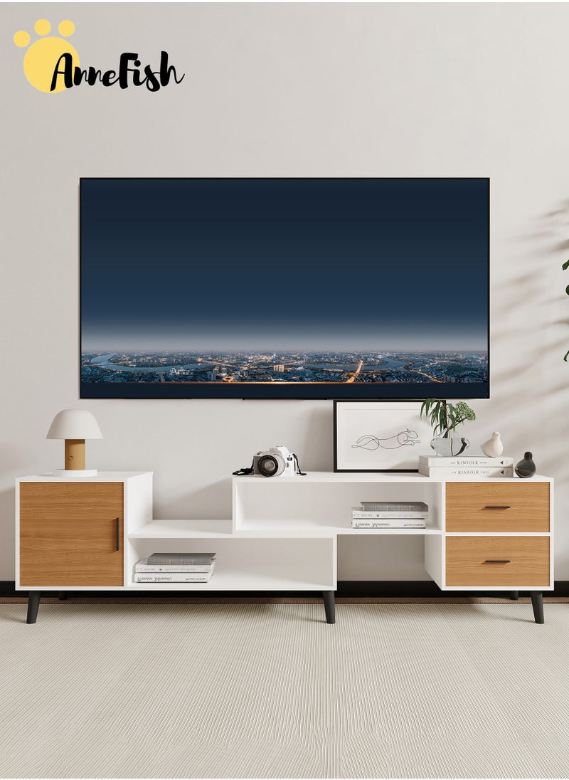 AnneFish - 140-200cm Retractable TV Stand Table For TVs Up To 85 Inch Modern Entertainment Center with Storage Drawers and Open Shelves TV Cabinet TV Media Console Table for Home Living Room And Bedroom - Image 1