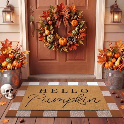 Tinideya 2 Pcs Door Mat Welcome Non Slip Coir Mats Floor Layering Doormats Seasonal for Front Porch Entryway DecorBrown White Plaid - Image 1