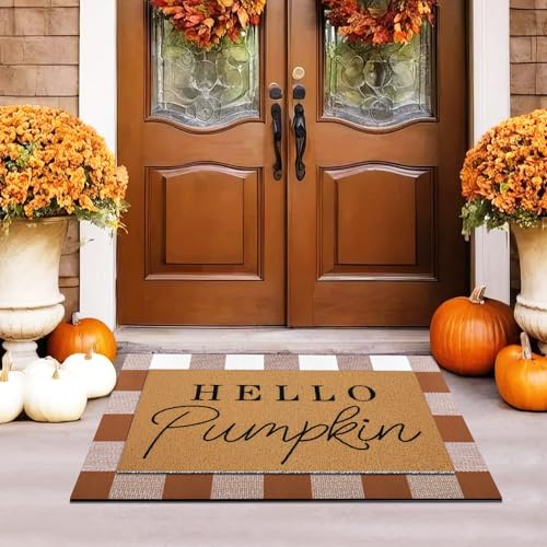 Tinideya 2 Pcs Door Mat Welcome Non Slip Coir Mats Floor Layering Doormats Seasonal for Front Porch Entryway DecorBrown White Plaid - Image 3