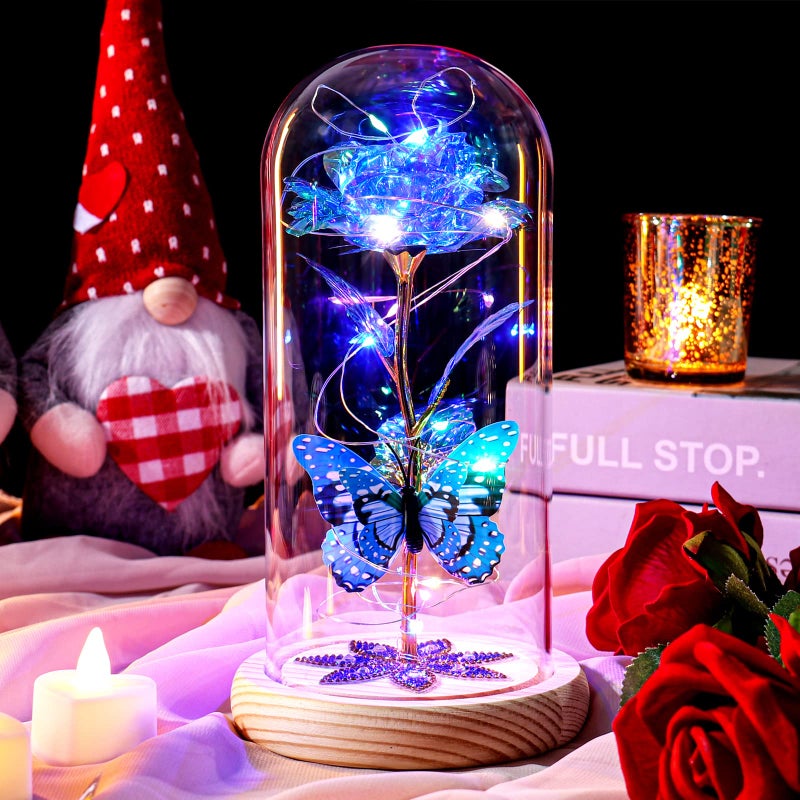 Beferr Beferr Mothers Day Flowers Gifts for Women Birthday Gifts  Galaxy Rose Eternal Flower Gift Light Up Rose with Butterfly in Glass Dome Mothers Day Ideas Gifts for Mom Grandma Wife Sister Friends Blue - Image 3