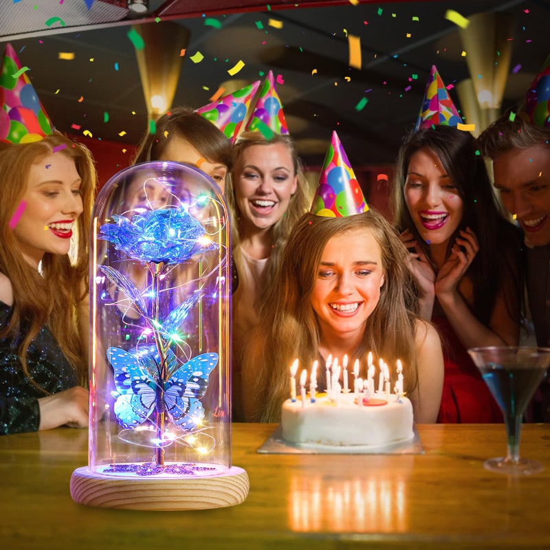 Beferr Beferr Mothers Day Flowers Gifts for Women Birthday Gifts  Galaxy Rose Eternal Flower Gift Light Up Rose with Butterfly in Glass Dome Mothers Day Ideas Gifts for Mom Grandma Wife Sister Friends Blue - Image 5