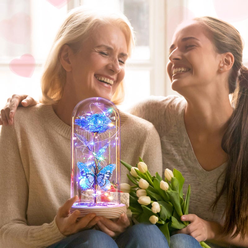 Beferr Beferr Mothers Day Flowers Gifts for Women Birthday Gifts  Galaxy Rose Eternal Flower Gift Light Up Rose with Butterfly in Glass Dome Mothers Day Ideas Gifts for Mom Grandma Wife Sister Friends Blue - Image 4