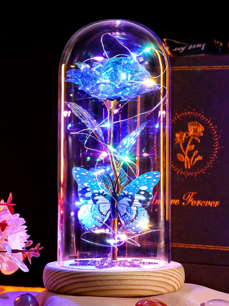 Beferr Beferr Mothers Day Flowers Gifts for Women Birthday Gifts  Galaxy Rose Eternal Flower Gift Light Up Rose with Butterfly in Glass Dome Mothers Day Ideas Gifts for Mom Grandma Wife Sister Friends Blue - Image 1