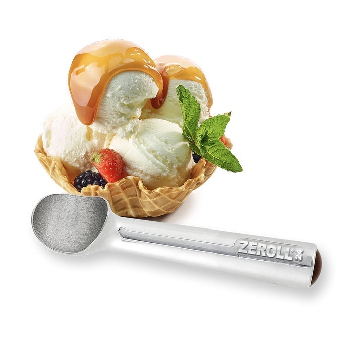 ORIGINAL ICE CREAM SCOOP WITH UNIQUE LIQUID FILLED HEAT CONDUCTIVE HANDLE SIMPLE ONE PIECE ALUMINUM DESIGN EASY RELEASE MADE IN USA OUNCE SILVER