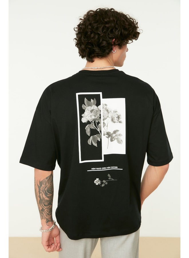 trendyol Men's Black Oversize/Wide-Fit Crew Neck Floral Printed Short Sleeve  T-Shirt - Image 1