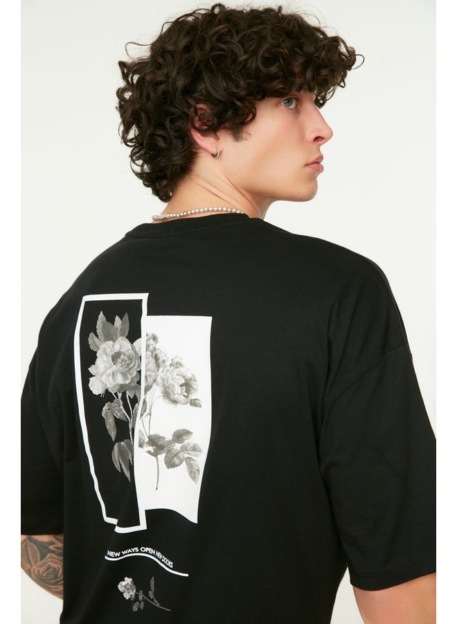 trendyol Men's Black Oversize/Wide-Fit Crew Neck Floral Printed Short Sleeve  T-Shirt - Image 2