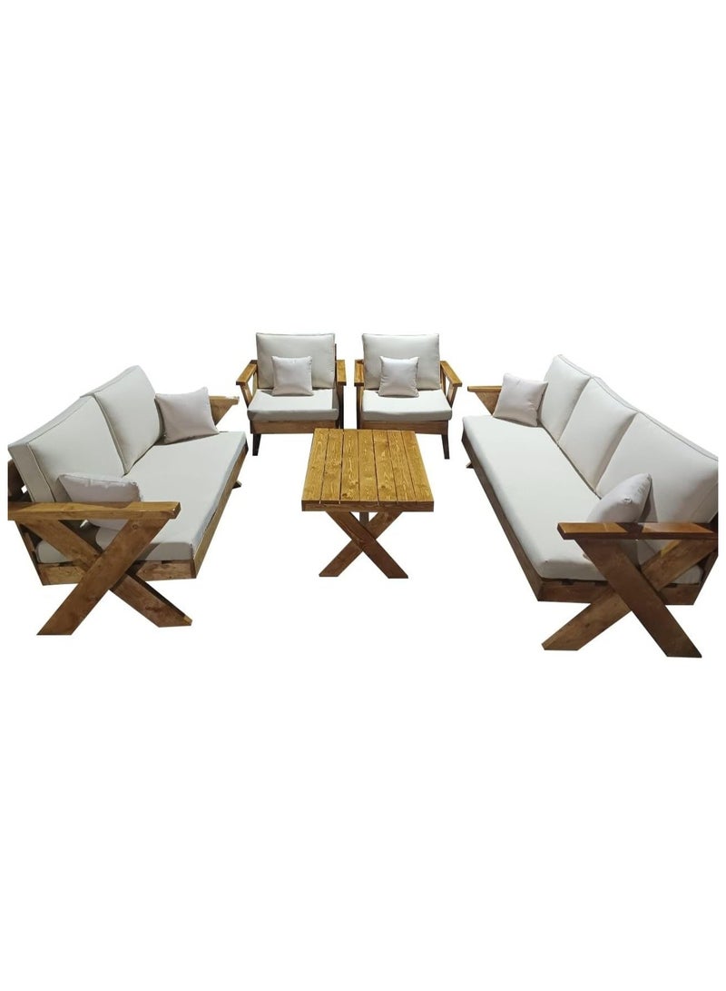 European natural wood outdoor seating set consisting of a three-seater sofa + a two-seater sofa + 2 chairs + a coffee table - XIW112
