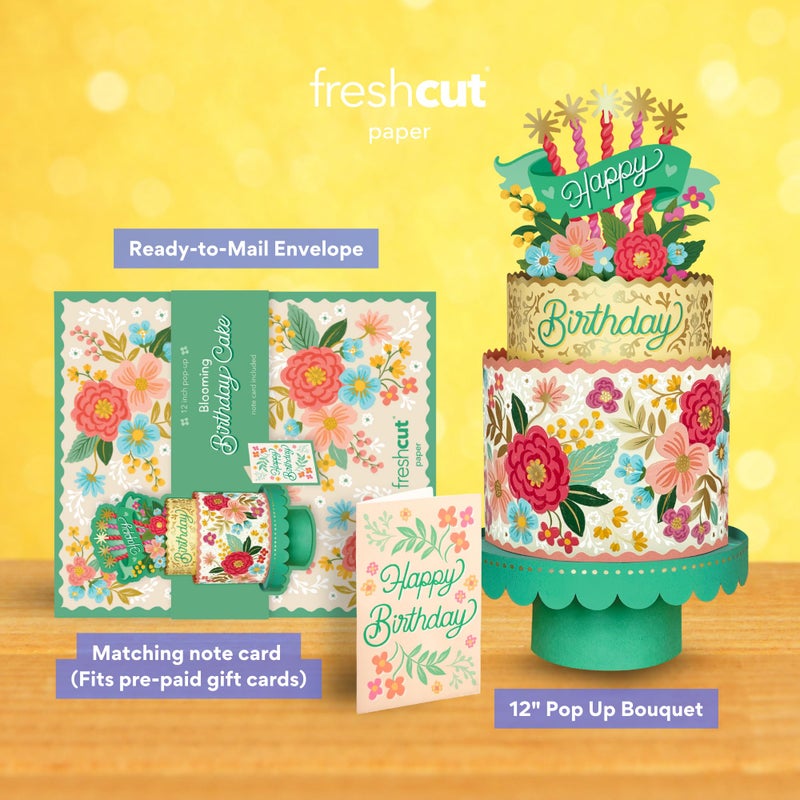 Freshcut Paper Pop Up Birthday Card for Women, Blooming Birthday Cake, 12 Inch Life Sized Tiered Cake, 3D Popup Greeting Cards with Blank Notecard & Envelope - Image 2