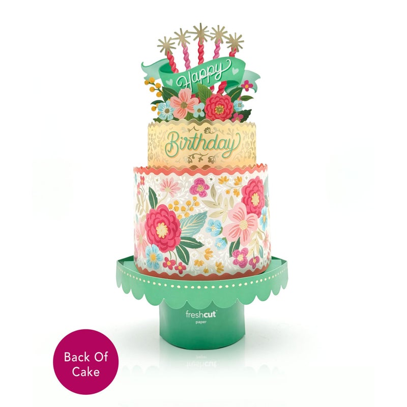 Freshcut Paper Pop Up Birthday Card for Women, Blooming Birthday Cake, 12 Inch Life Sized Tiered Cake, 3D Popup Greeting Cards with Blank Notecard & Envelope - Image 5