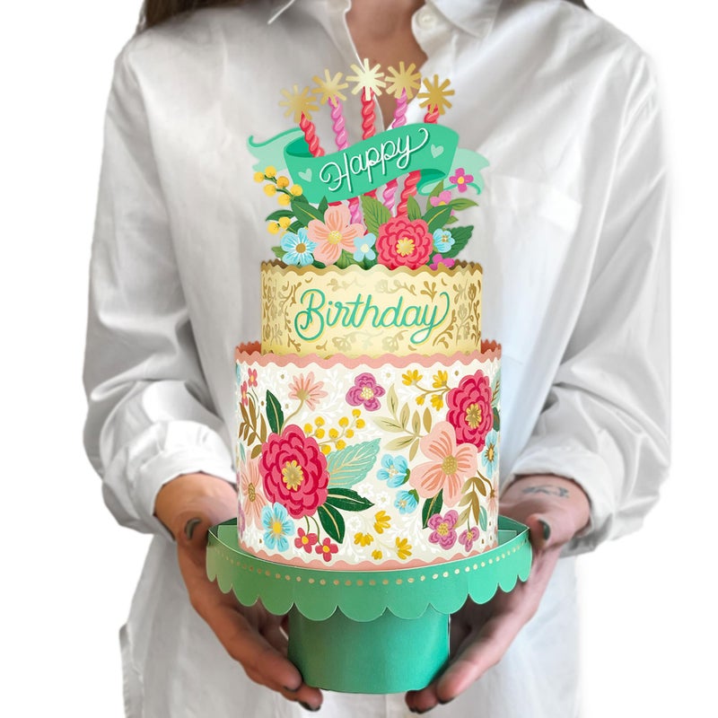 Freshcut Paper Pop Up Birthday Card for Women, Blooming Birthday Cake, 12 Inch Life Sized Tiered Cake, 3D Popup Greeting Cards with Blank Notecard & Envelope - Image 1