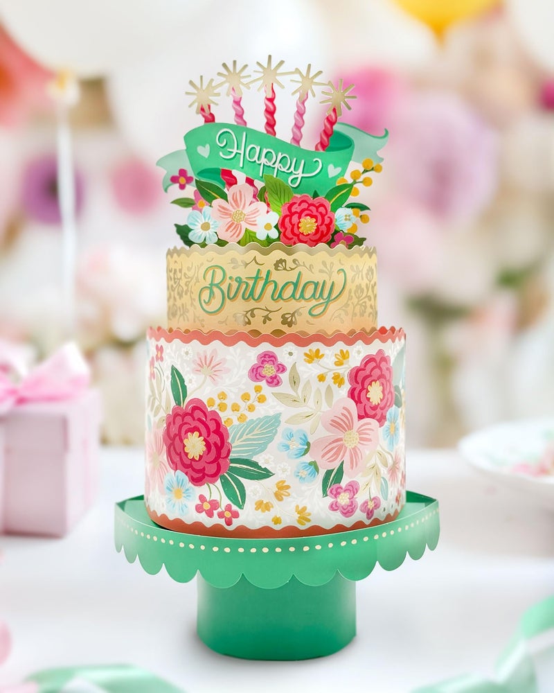 Freshcut Paper Pop Up Birthday Card for Women, Blooming Birthday Cake, 12 Inch Life Sized Tiered Cake, 3D Popup Greeting Cards with Blank Notecard & Envelope - Image 3