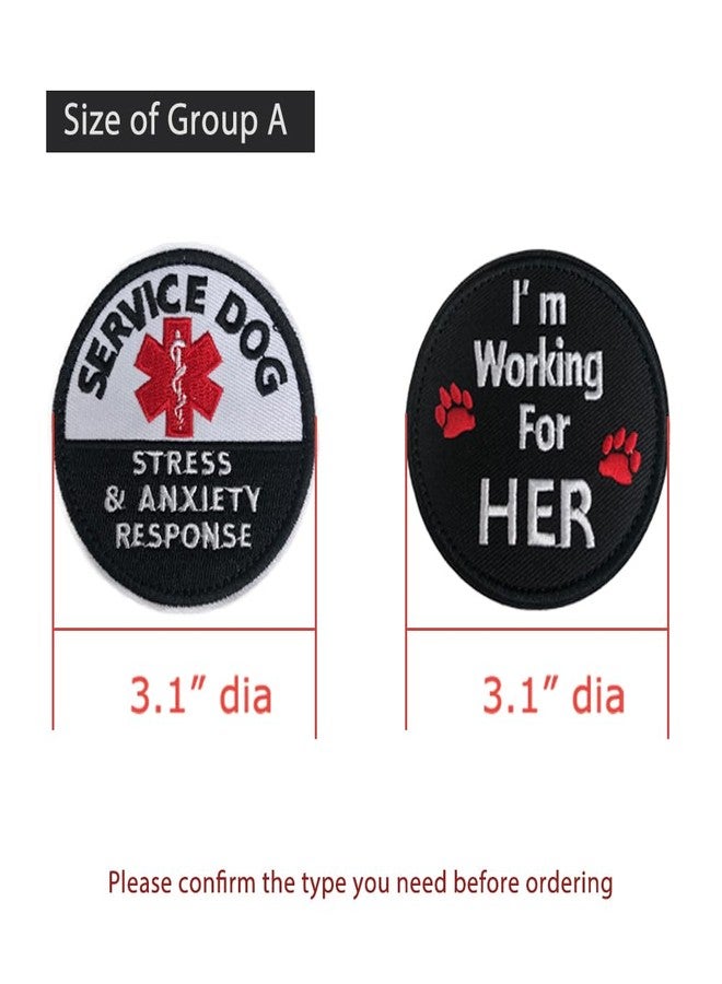 MESINURS Service Dog Tags, Working for Her/Stress & Anxiety Response Harness Patch with Hook & Loop Backing for Training Vest & Gear（A） 2PCS - Image 2