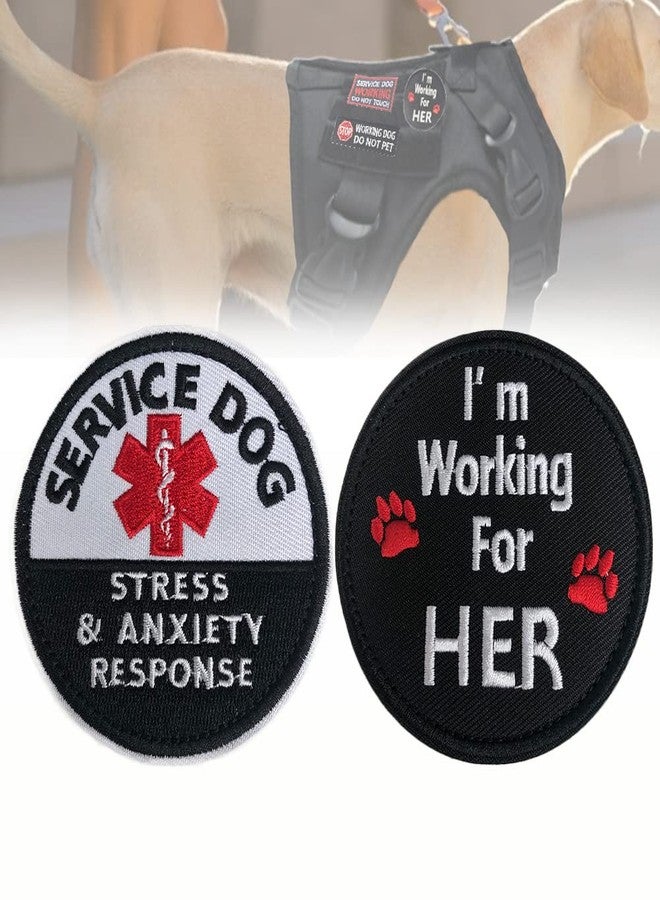 MESINURS Service Dog Tags, Working for Her/Stress & Anxiety Response Harness Patch with Hook & Loop Backing for Training Vest & Gear（A） 2PCS - Image 1