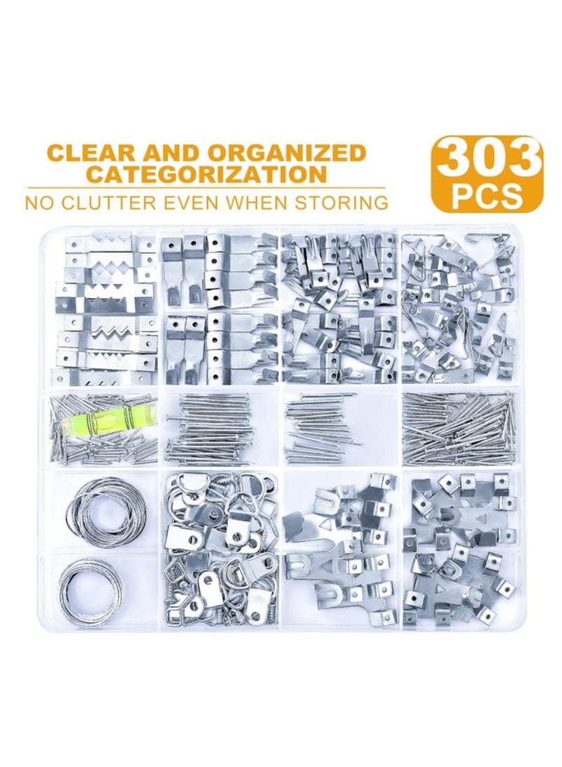 ZFHDBM 303Pcs Picture Hanging Kit, Picture Hangers Assorted Kit with Heavy Duty Picture Hanging Hooks/Hardware Nails/Sawtooth/Wire/D Rings/Level, Metal Picture Wall Hooks for Frame Canvas Mounting - Image 1